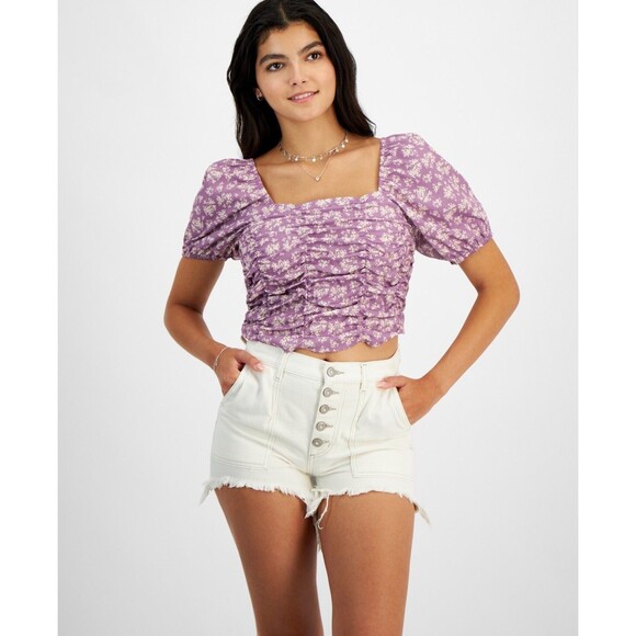 Celebrity Pink Tops - Celebrity Pink Juniors' Puff-Sleeve Smocked Top - Valerian Floral, M